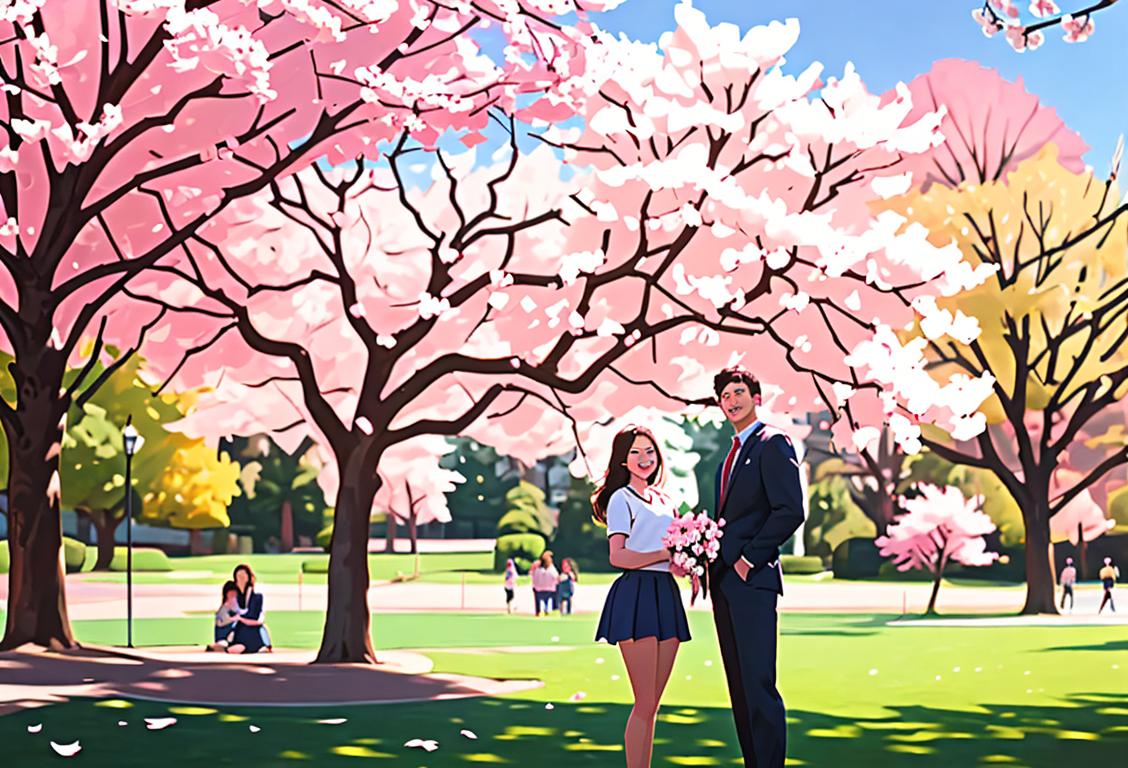 Young man and woman students at Gonzaga University wearing school spirit attire, cheering, campus backdrop with blooming cherry blossom trees..