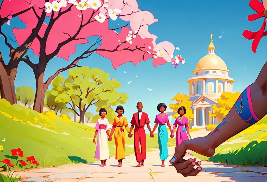 Group of diverse individuals holding hands in unity, wearing colorful attire, peaceful outdoor setting..