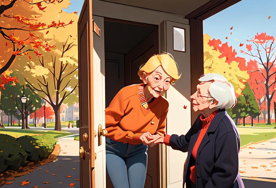 Young person holding open a door for an elderly person, wearing a colorful sweater, autumn park setting, with falling leaves..