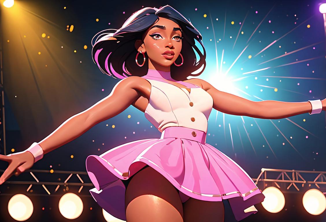 Young woman dancing in front of a vibrant stage, wearing a sparkling outfit and surrounded by a lively crowd, celebrating National Normani Kordei Day..