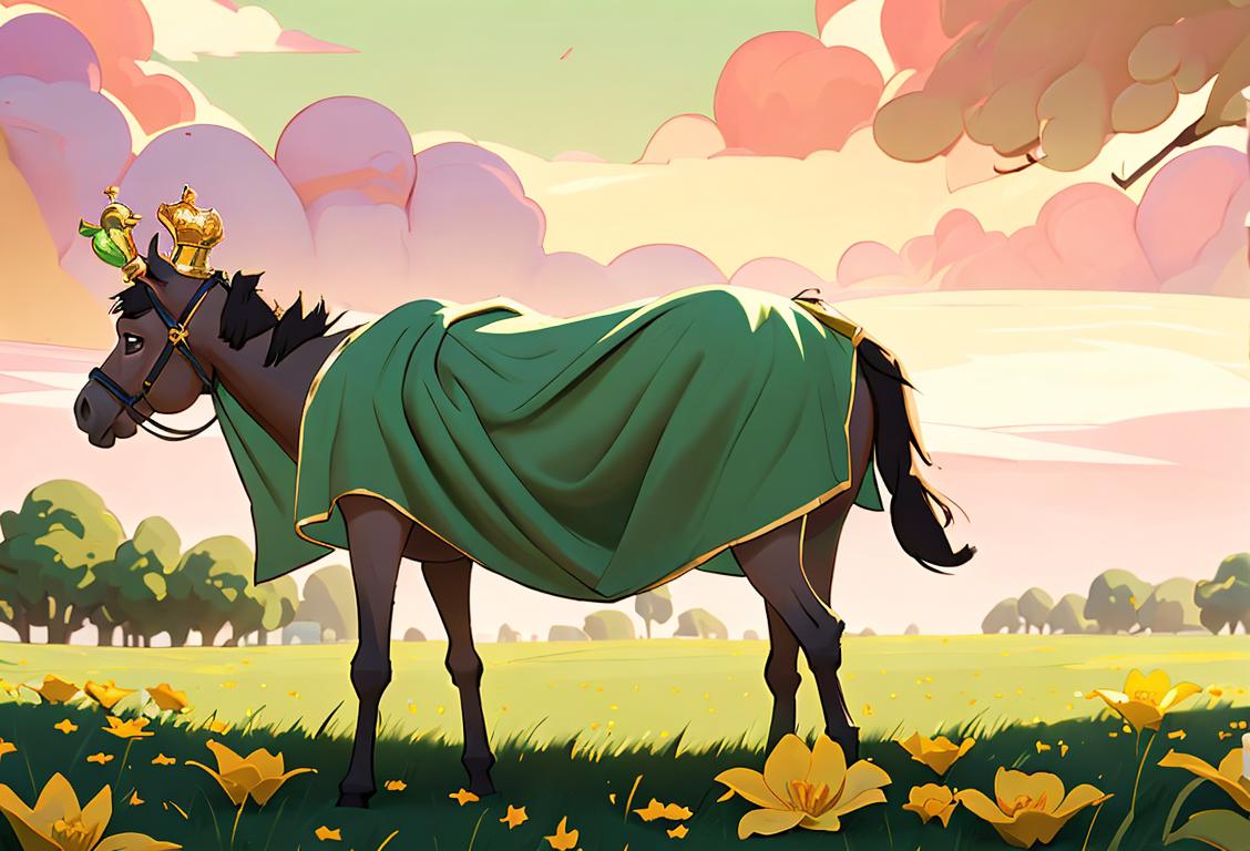 Sweet donkey with a golden crown on its head, standing in a lush green meadow, surrounded by flowers. The donkey is wearing a colorful blanket with a palanquin on its back, symbolizing the hard work and dedication of these unsung heroes. The scene is set against a beautiful sunset sky, casting a warm glow over the entire landscape..