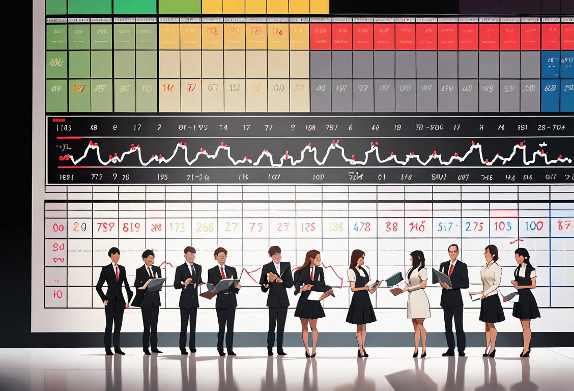 Happy diverse group of people, dressed in business attire, standing around a big calculator, against a backdrop of financial charts and graphs..
