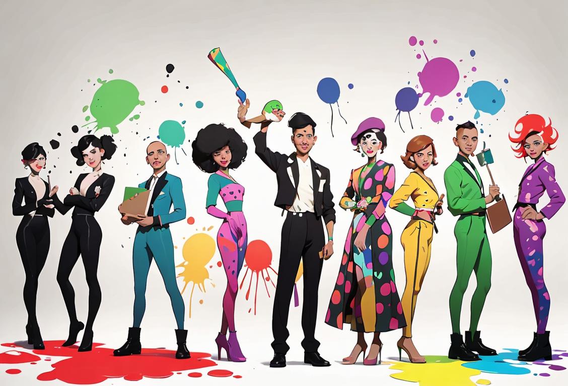 A diverse group of individuals wearing various outfits and hairstyles, standing in front of a blank canvas, celebrating National Unemployed Day with colorful paint splatters..