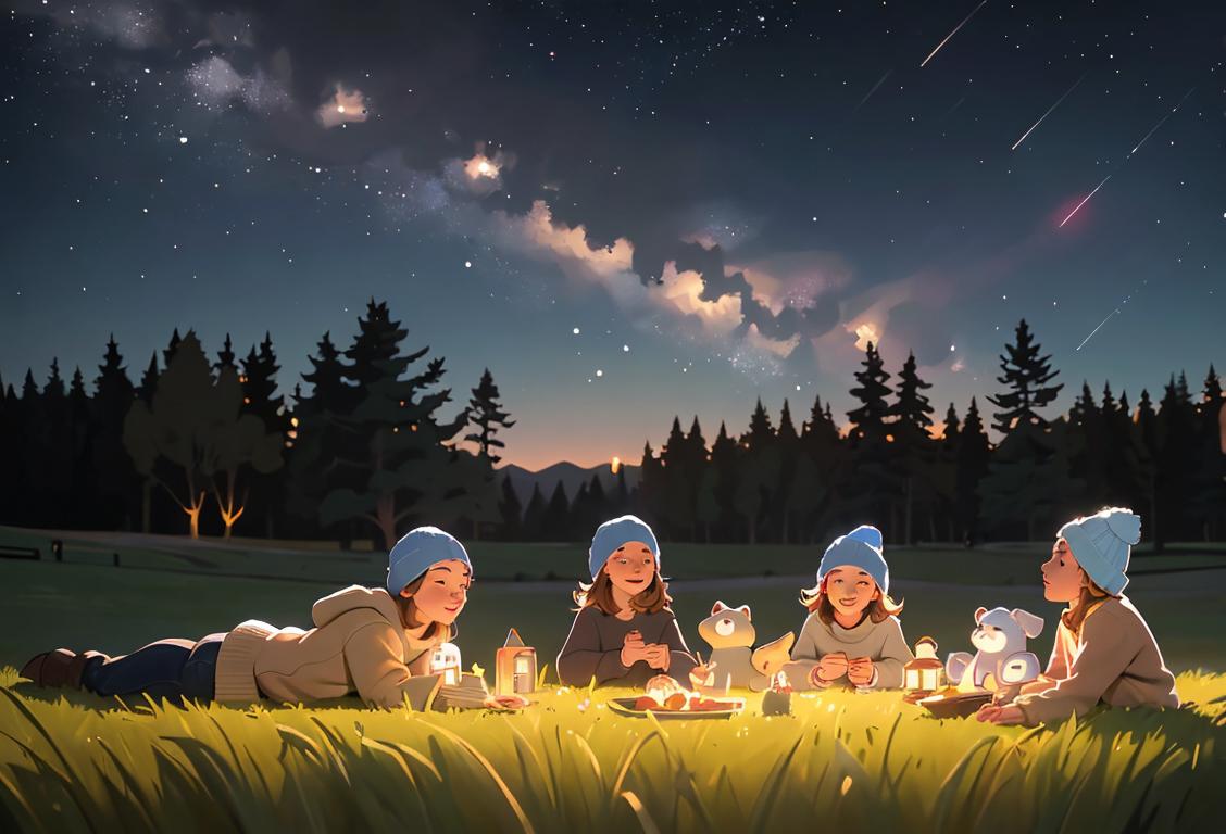 A group of friends lying on a grassy field at night, looking up at the sky filled with twinkling stars. They are wearing cozy sweaters and beanies, creating a warm and relaxed atmosphere. The scene showcases a mix of urban and nature elements, with city lights glowing in the background. The image captures the curiosity and awe of exploring the vast universe on National Star Day..
