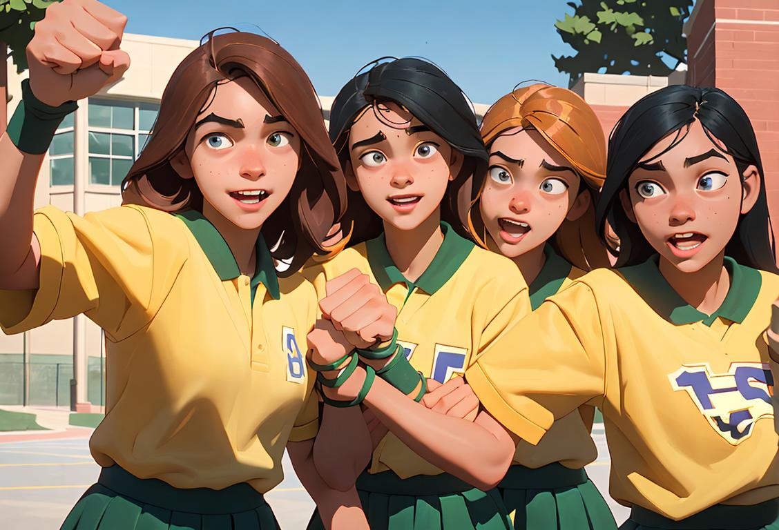 A group of cheerful high school students wearing laurel-inspired headbands, holding up their fists in unity, surrounded by a school campus..