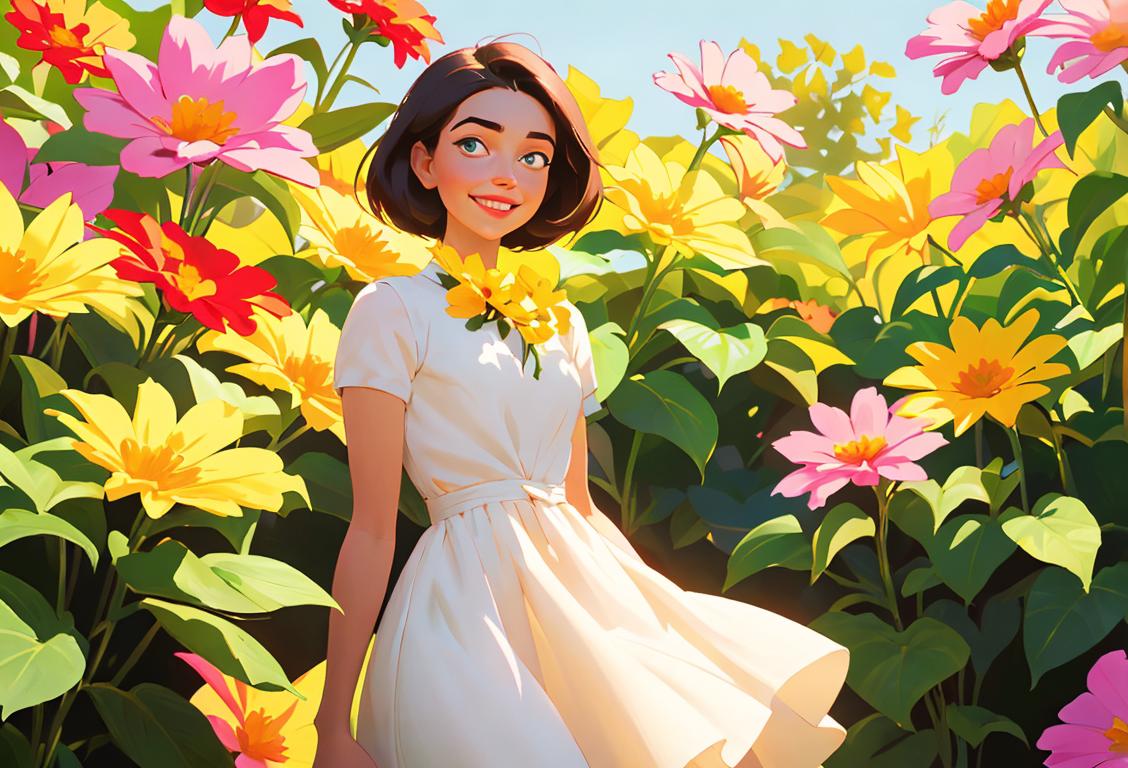 A young woman with a wide smile, wearing a colorful sundress, surrounded by blooming flowers in a botanical garden..