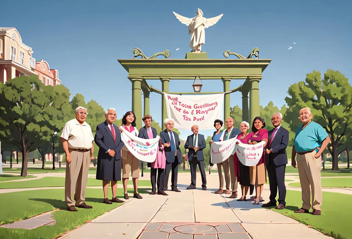 Group of diverse individuals happily giving back, wearing casual clothing, urban park setting, with a banner saying 'National Philanthropy Day'.