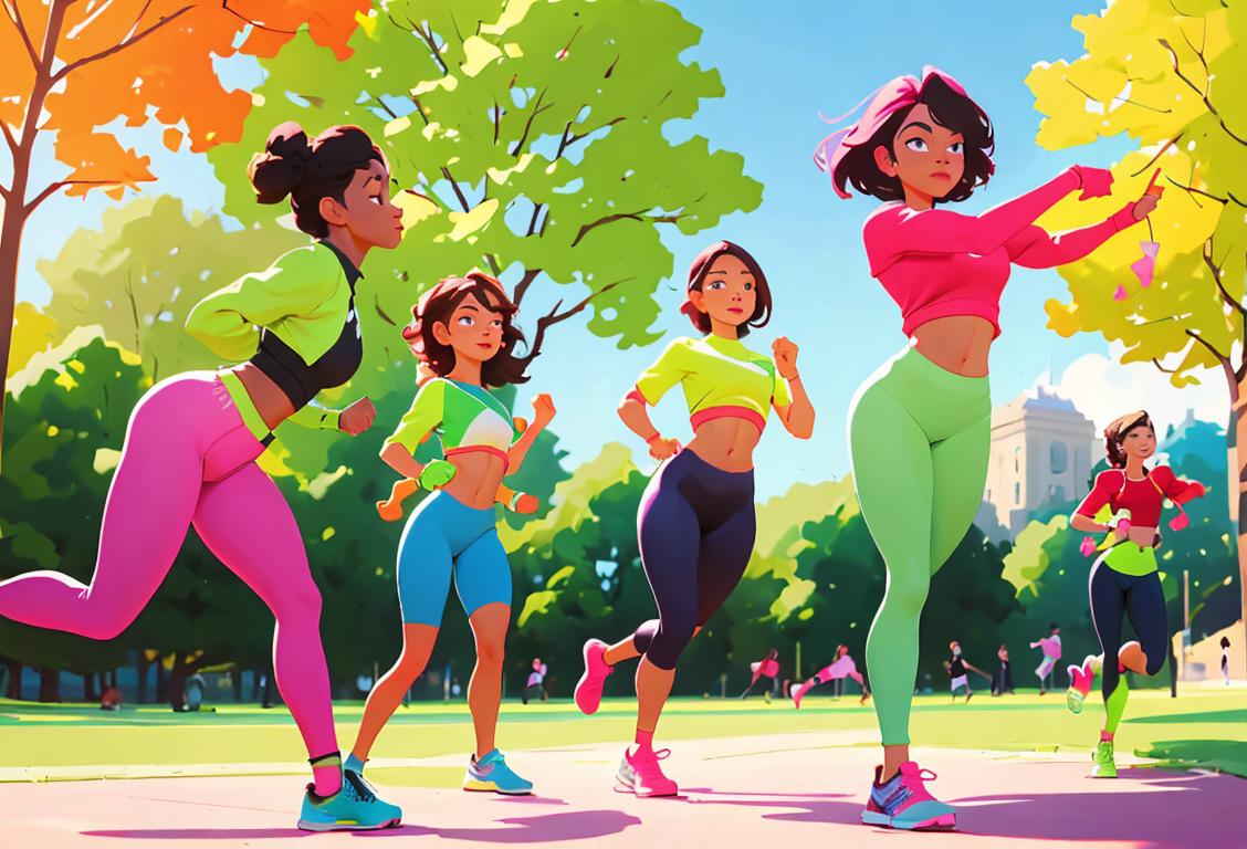 A group of diverse individuals exercising outdoors in colorful activewear, with scenic background of a park and positive energy..