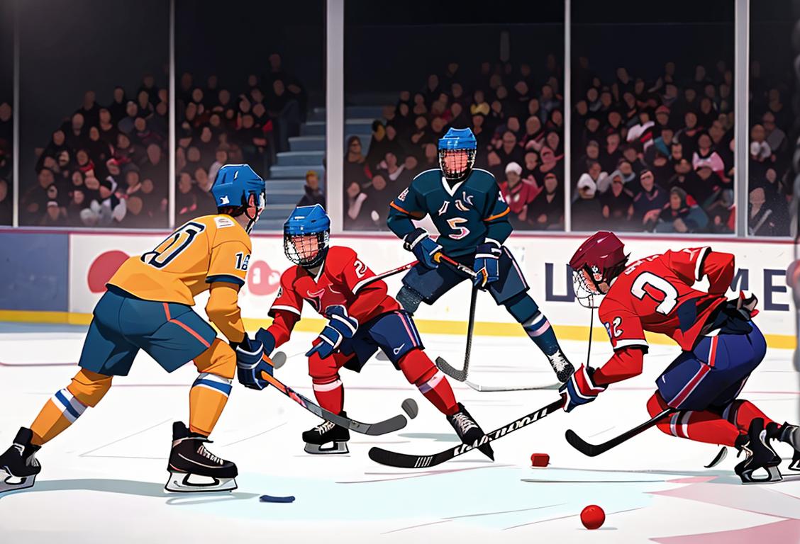A group of hockey players, showcasing their skills and sportsmanship on the ice, with a mix of vibrant team jerseys, energetic atmosphere, and intense action shots..