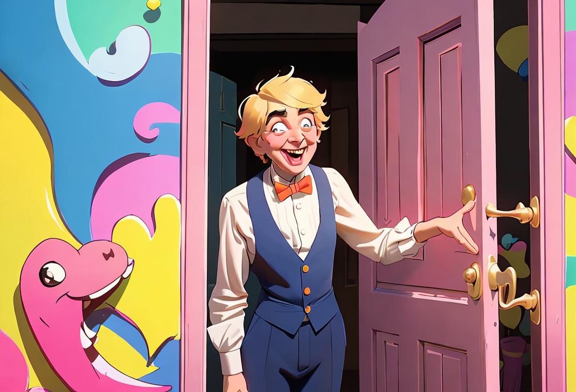 A cheerful person wearing a colorful, oversized bowtie, standing in front of a whimsical backdrop of knock knock jokes written on colorful doors..