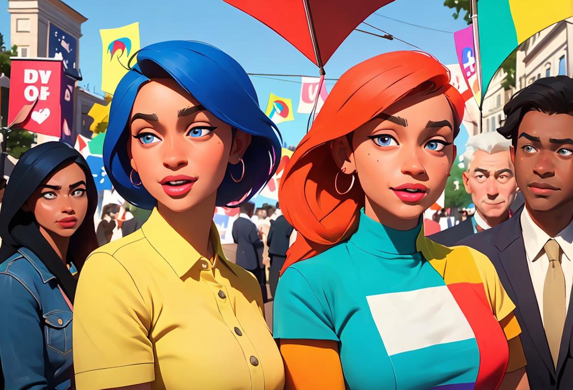 Happy National Liberal Day! Celebrate freedom, equality, and social justice with diverse group of people, diverse fashions, urban setting, vibrant colors..