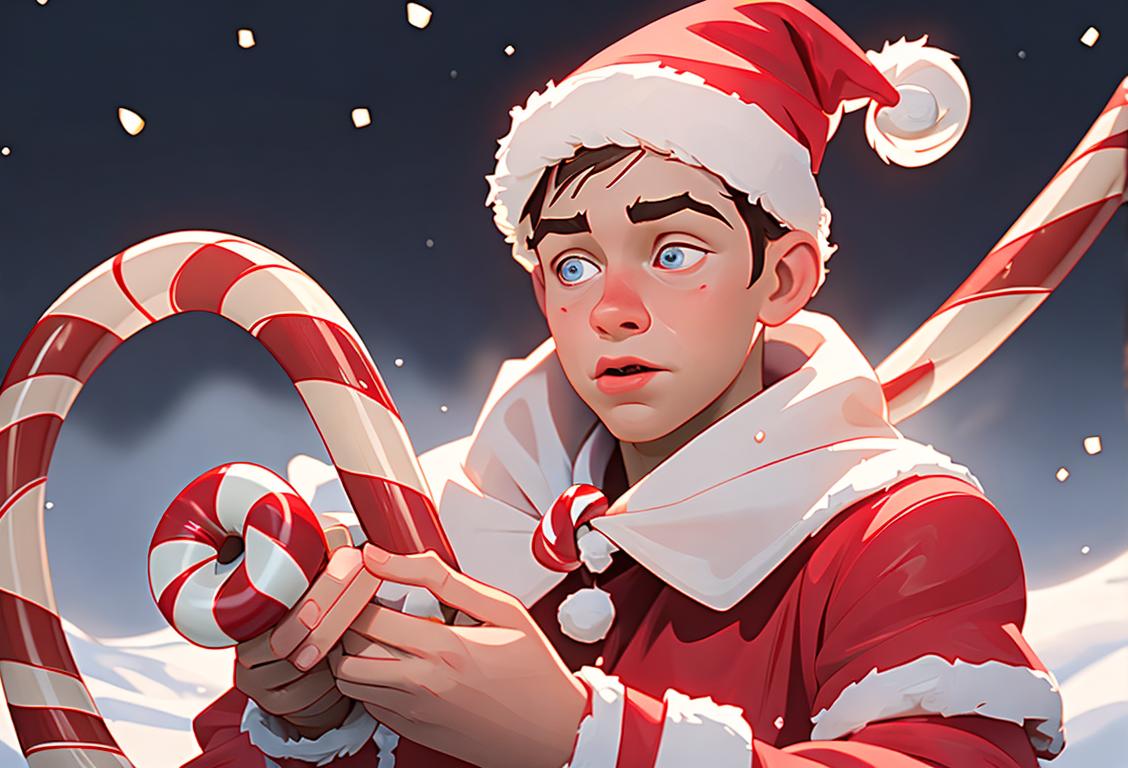Young boy holding a giant candy cane, wearing a Santa hat, winter wonderland setting with snowflakes falling..