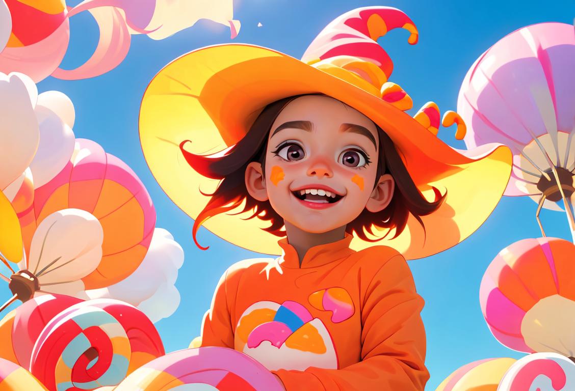 A playful child wearing a candy corn-themed outfit, surrounded by a colorful carnival atmosphere. Bright colors, cotton candy, and joyous smiles all around..
