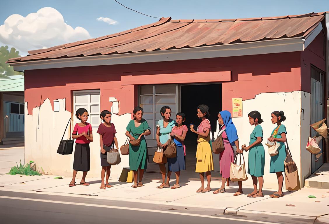 A diverse group of people wearing casual clothing, carrying bags of groceries, standing in front of a community relief center..