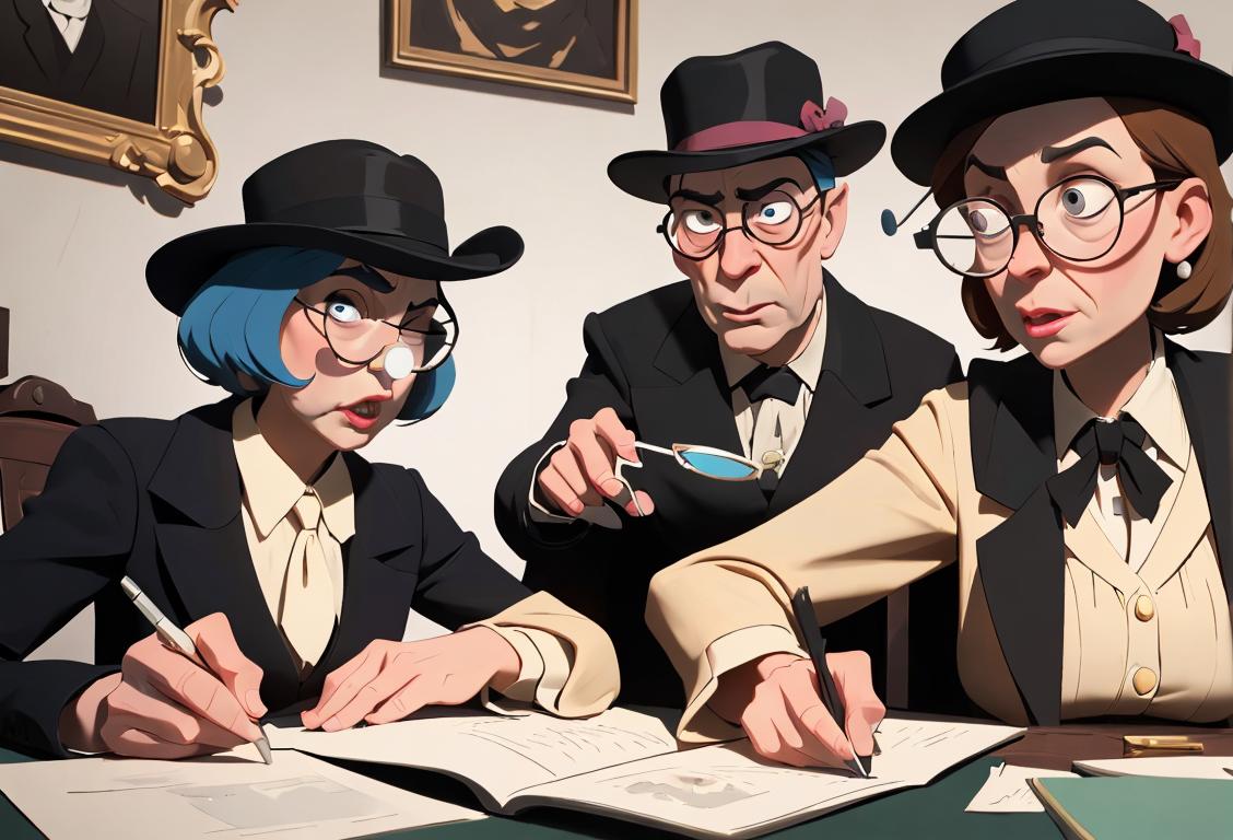 A group of people in detective hats and magnifying glasses, exploring a whimsical and hilarious scene..