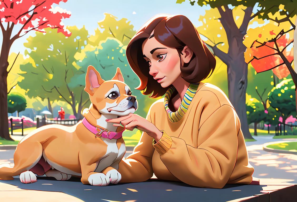 A loving dog mom holding her furry friend, wearing a cozy sweater, surrounded by colorful dog toys and a beautiful park scenery..