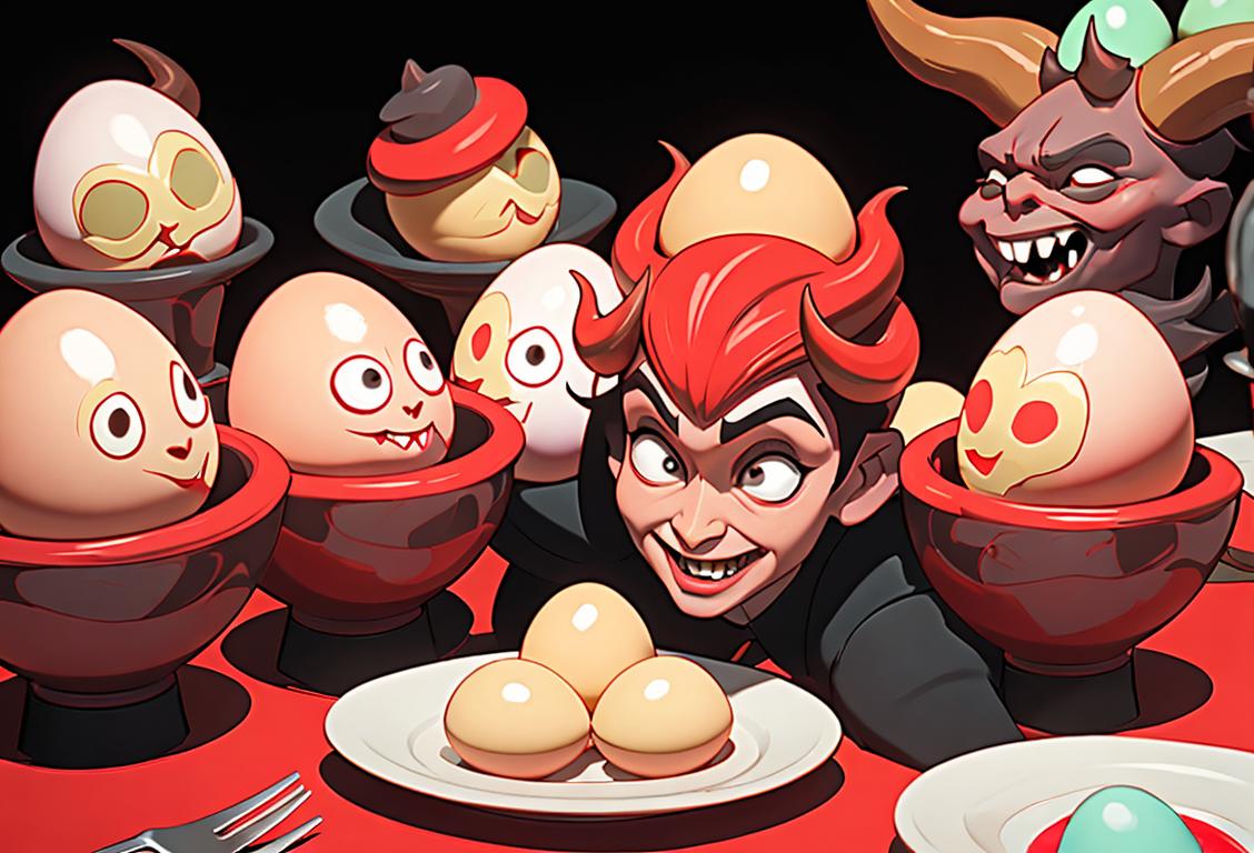 A mischievous person wearing all red, holding a plate of devilled eggs, surrounded by a group of friends laughing together. Unique clothing styles, maybe some colorful patterns or funky accessories, like a hat with devil horns, can enhance the playfulness of the image. The scene could be set in a park with a picnic blanket and baskets filled with devilish treats, or perhaps in a cozy living room with Halloween decorations in the background..