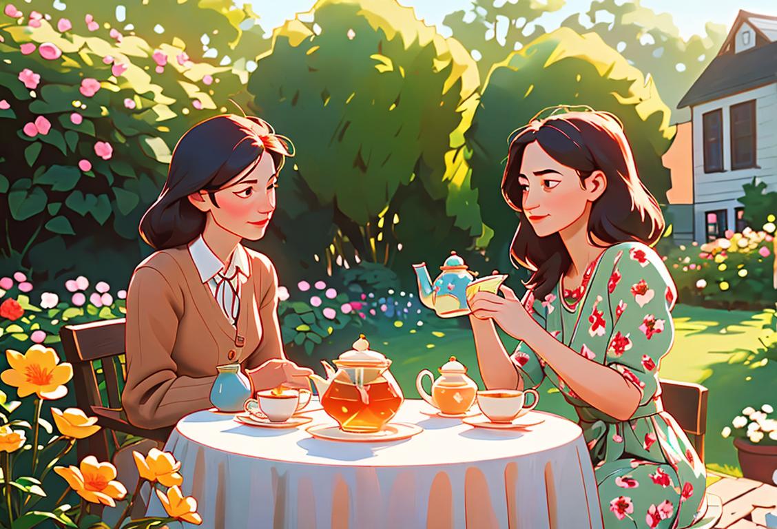 Two people, one with a British flag patterned tea cozy and the other with a mason jar full of iced tea, sitting in a garden with blooming flowers..