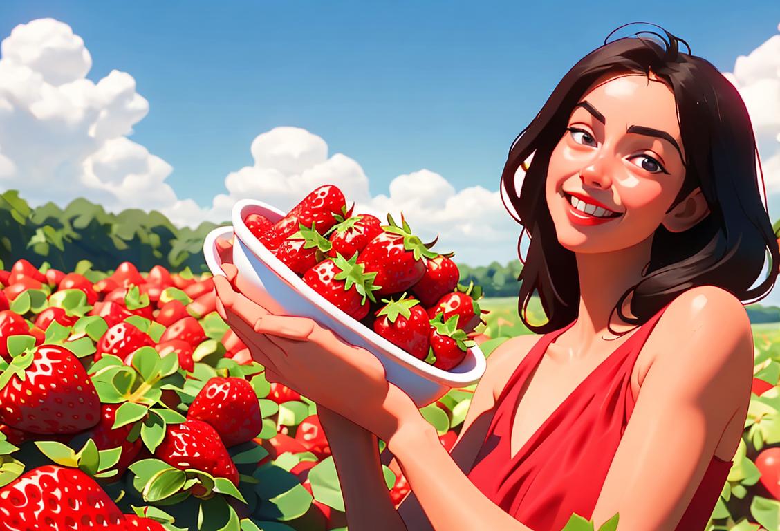 Smiling woman in a flowing summer dress, picking fresh strawberries in a vibrant, sun-kissed strawberry field..