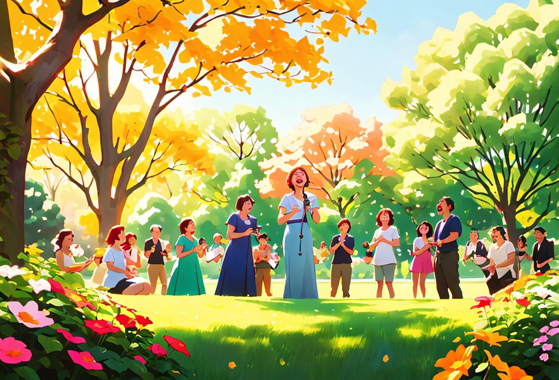 A diverse group of people joyfully singing together in a sunny park, wearing casual clothing, surrounded by trees and flowers..