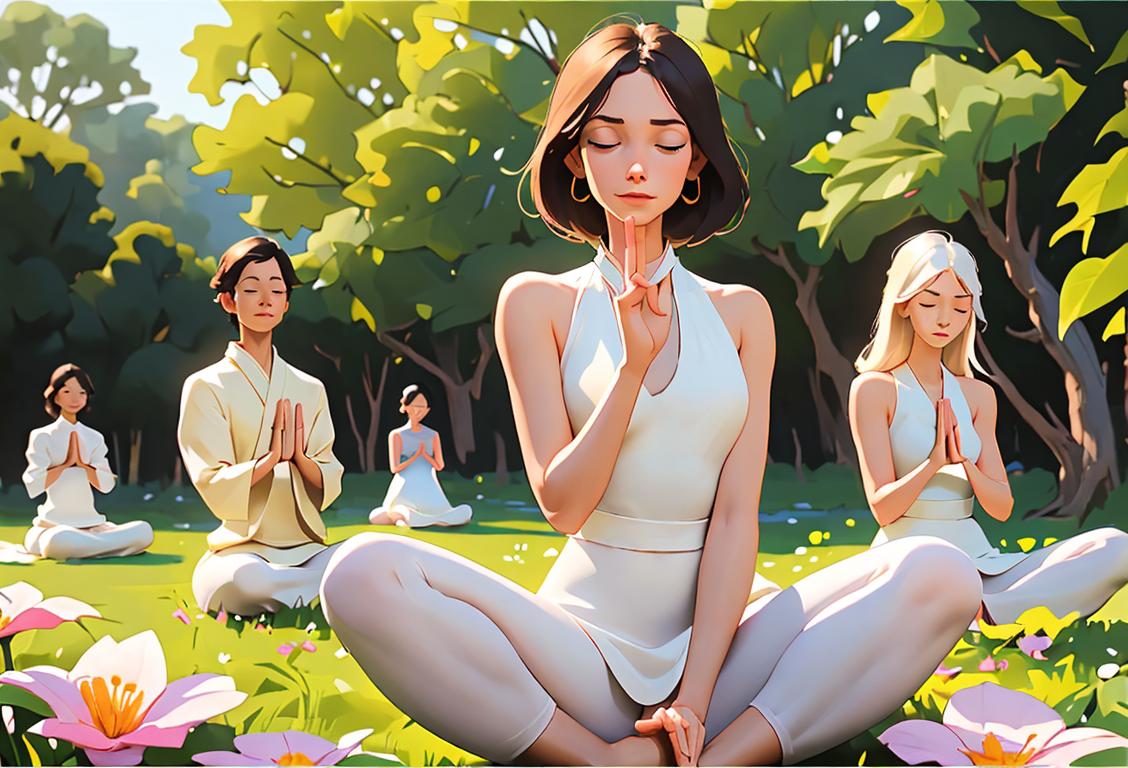 A group of people named Erin dressed in clothing that represents tranquility and peace, enjoying a serene outdoor setting. One person is wearing a flowy white dress, another is meditating in yoga pants, and another is holding a peace sign. They are surrounded by beautiful flowers and greenery, symbolizing the peacefulness that the name Erin represents..