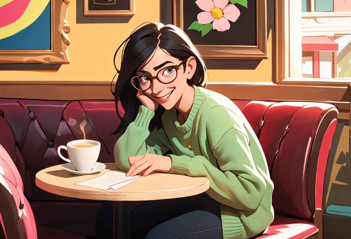 A cheerful and carefree individual, enjoying their own company, sitting at a cozy cafe with a book in hand, wearing casual attire and trendy glasses, surrounded by vibrant and artsy decor..