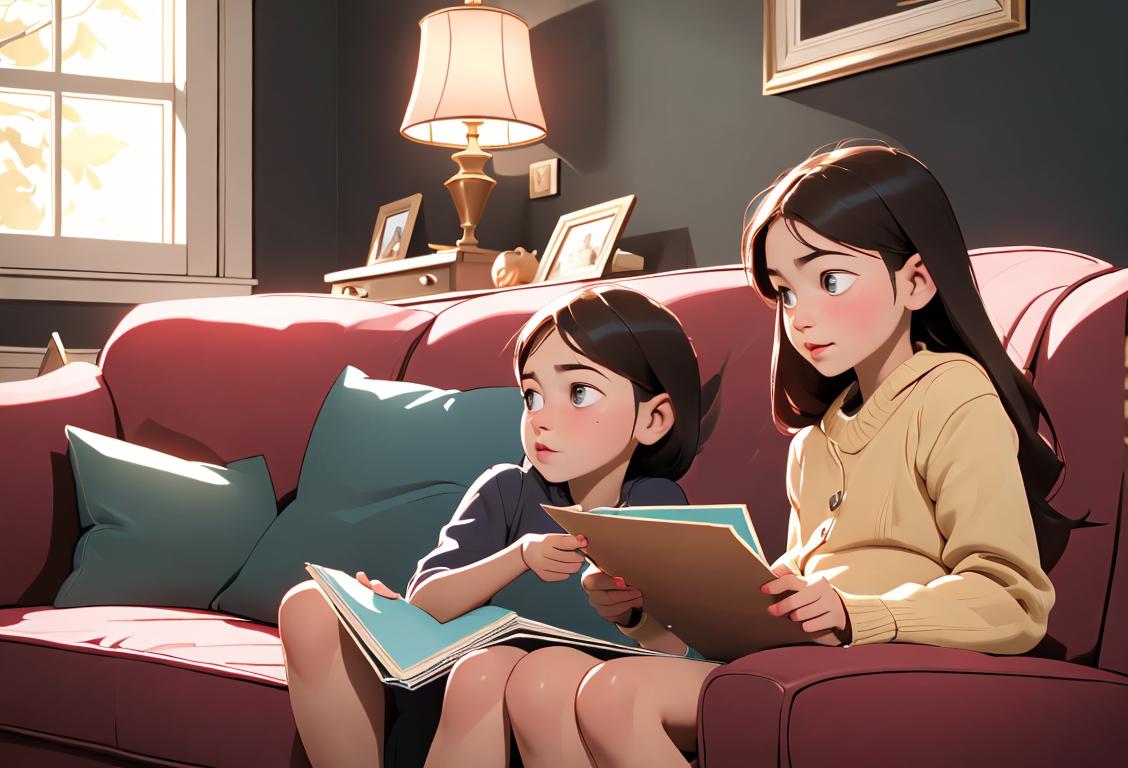 Two cousins sitting together on a cozy couch, reminiscing with childhood photo albums, surrounded by warm and inviting family decor..