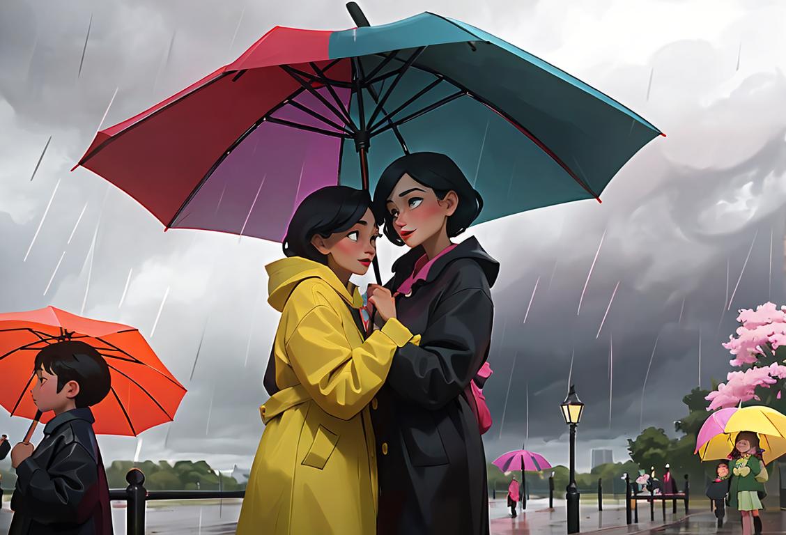 A family huddled under colorful umbrellas, wearing raincoats, enjoying the stormy weather together in a lively park scene..