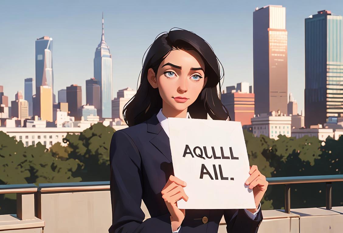 Young woman in professional attire, holding a sign that says 'Equality for All', city skyline in the background..