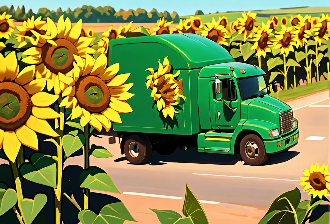 A cheerful truck driver in the driver's seat of a big rig, wearing a friendly smile, surrounded by green countryside scenery and maybe even some blooming sunflowers in the background..