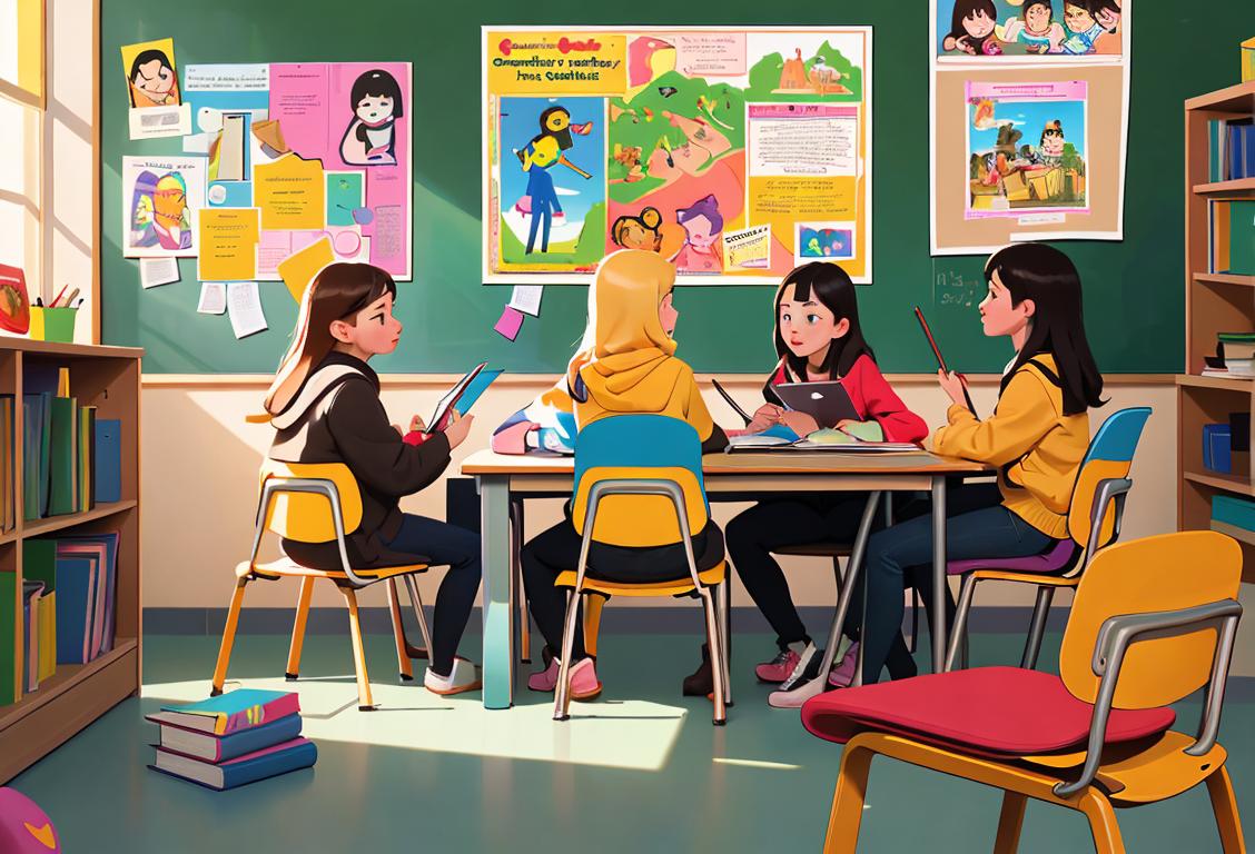 A group of young students studying together, wearing backpacks and sitting in a colorful classroom, surrounded by books and educational posters..