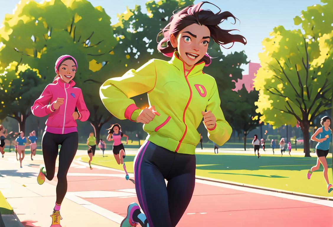 Young woman running with a joyful expression, wearing colorful athletic gear, urban park setting, surrounded by fellow runners..