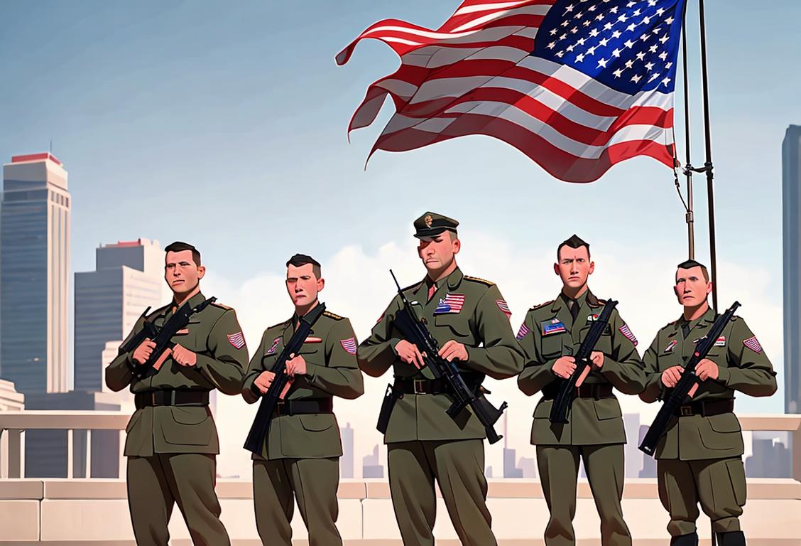 A group of National Guard professionals standing tall and proud, wearing their uniforms with American flags on their shoulders, against a backdrop of a city skyline..