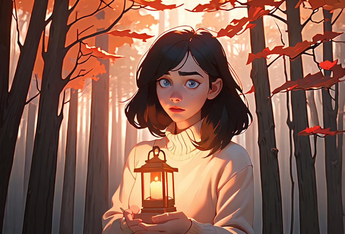 Young girl surrounded by swirling mist, holding a glowing lantern, wearing a cozy sweater, autumn forest setting..