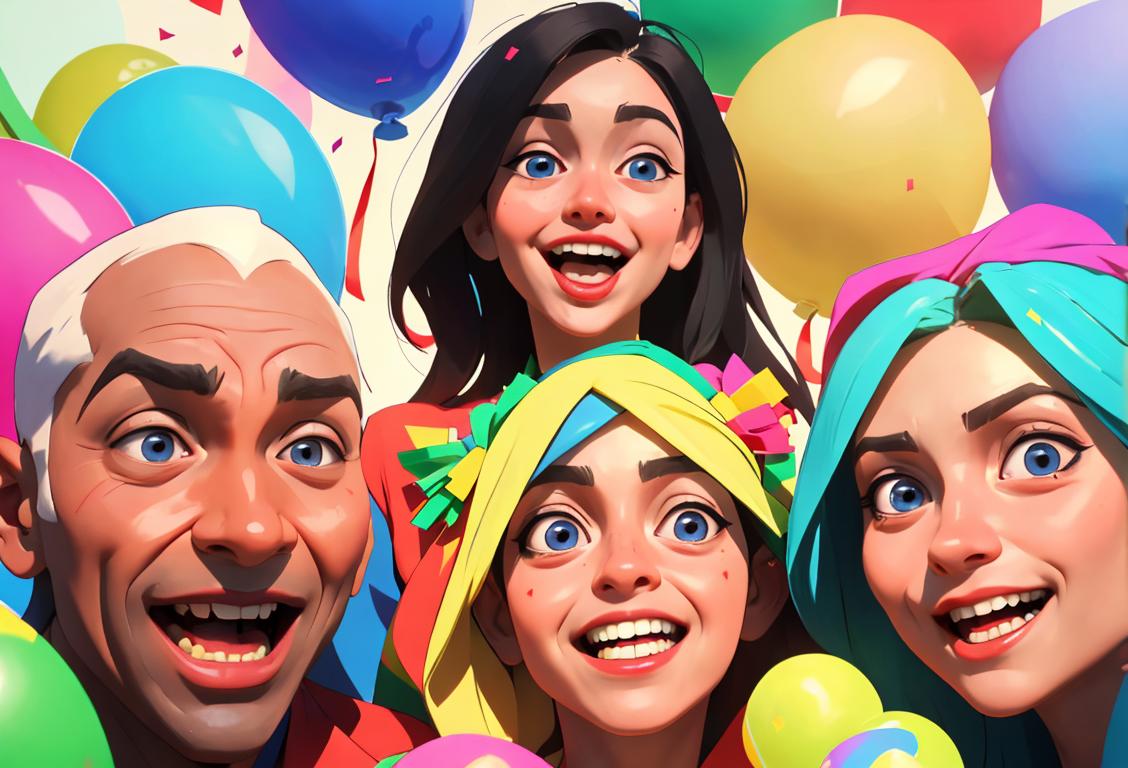 Happy diverse group of people in festive attire, surrounded by confetti and balloons, celebrating National Celebration Day with infectious smiles and laughter..