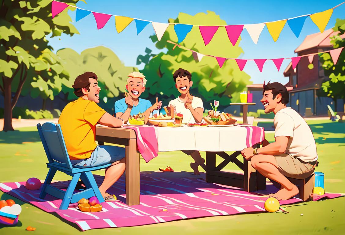 A group of friends named Mike enjoying a sunny barbecue, wearing casual summer outfits and sharing laughter. They are surrounded by colorful decorations and an outdoor picnic setting..
