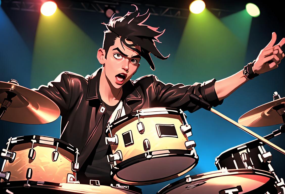 Brightly lit drummer playing drums in a rock band concert, wearing leather jacket, punk-rock style, energetic crowd cheering..