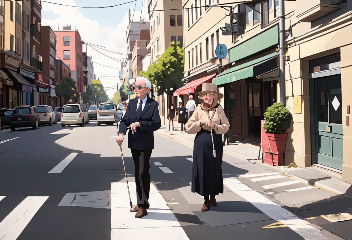 A visually impaired person confidently navigating a city street, white cane in hand, surrounded by supportive community members, urban setting..