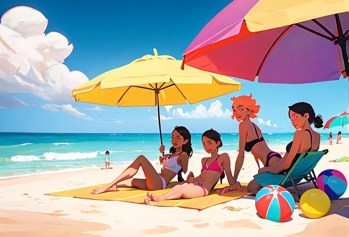A group of people wearing thongs, enjoying a sunny beach day, with colorful umbrellas and beach balls..