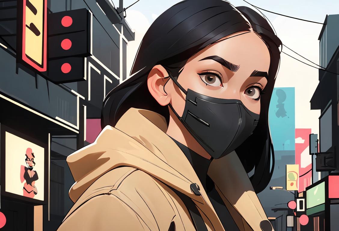 Young woman wearing a stylish face mask, in a trendy urban setting, with fashion forward accessories and neutral color palette..