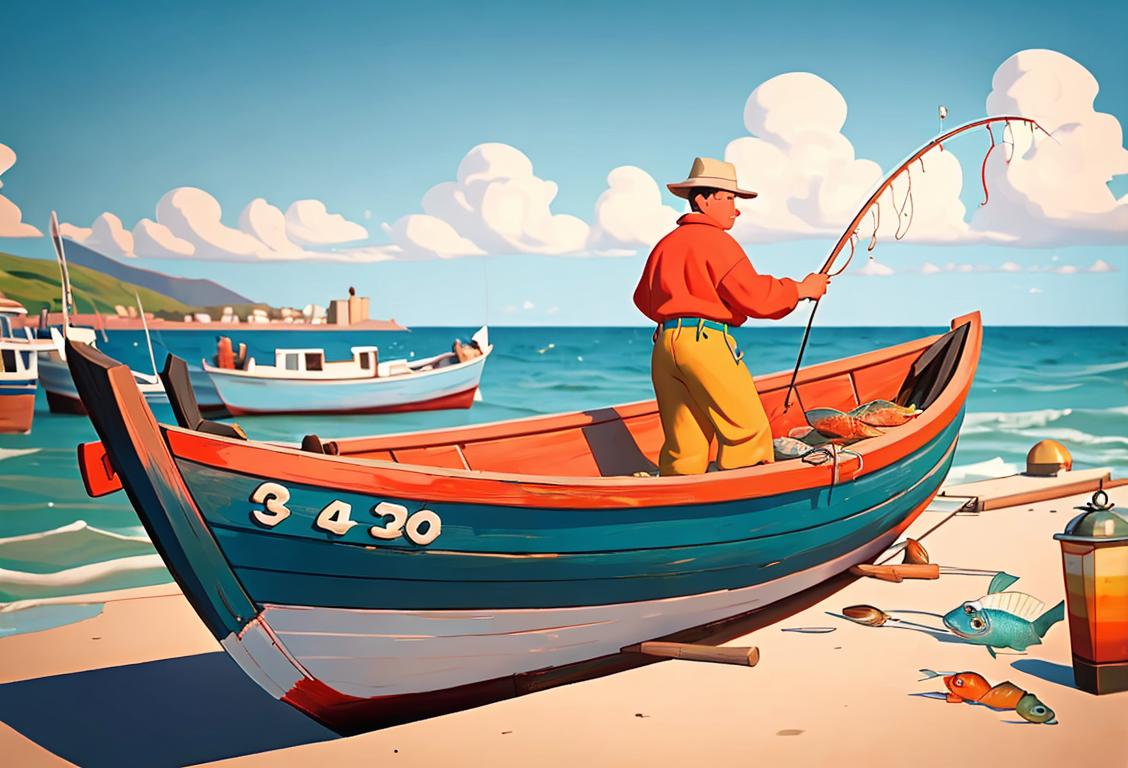 A fisherman in a colorful fishing boat, sporting a nautical-themed outfit, with a scenic coastal backdrop..