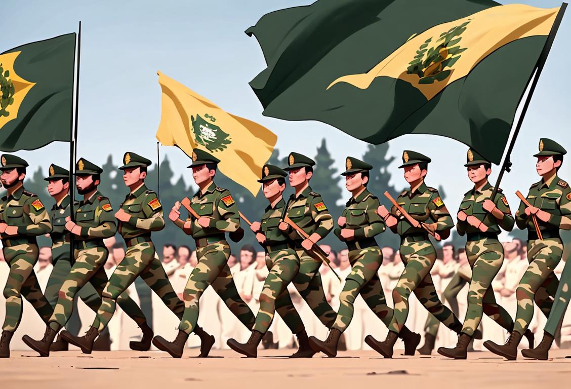 A group of people dressed in camouflage clothing, marching in a parade with a border security force flag, surrounded by cheering spectators..