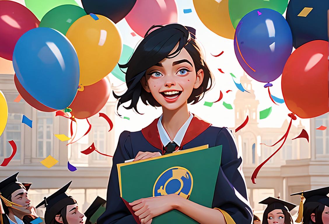 Young graduate in cap and gown, holding diploma, surrounded by confetti and balloons, expressing joy and accomplishment, school building in background..