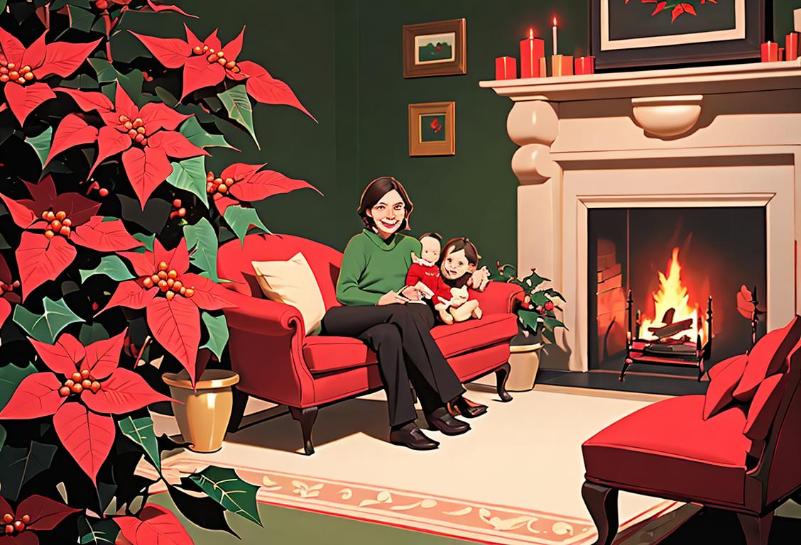 A smiling family surrounded by beautifully decorated poinsettia plants, wearing cozy holiday sweaters, in a festive living room with a lit fireplace..