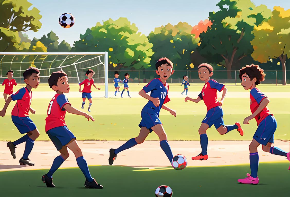 Group of diverse children playing soccer in a local park, wearing colorful jerseys, with a vibrant community backdrop..