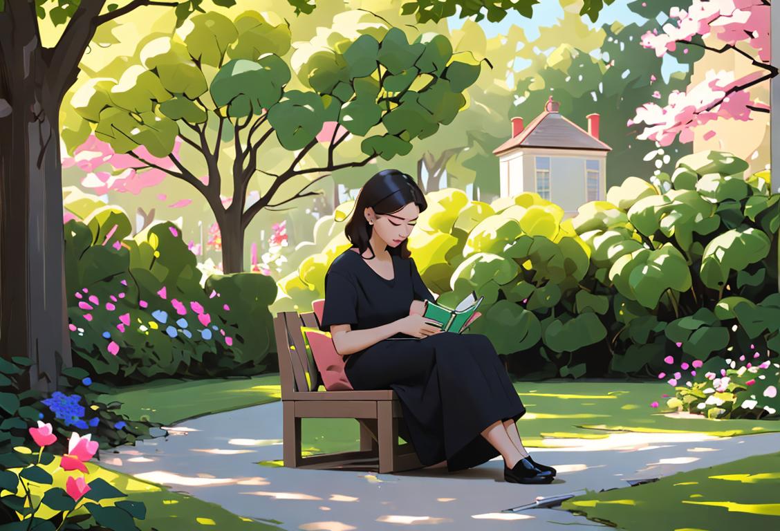 A person sitting in a peaceful garden, surrounded by a stack of unread messages and missed calls on their phone. They are happily ignoring the digital noise, enjoying some 'me time'. They're dressed comfortably in casual attire and are immersed in a book, showing their dedication to disconnecting from the digital world. The serene garden setting symbolizes the tranquility and freedom that comes with participating in National Ignore Day..