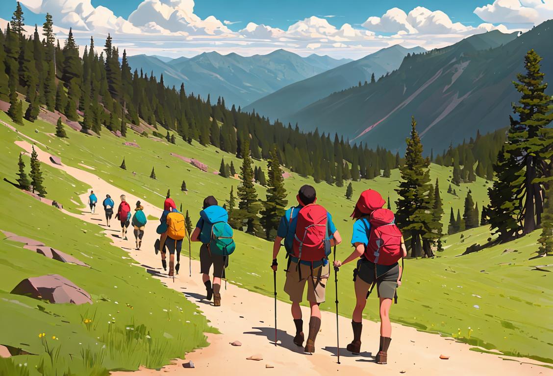 Group of diverse people hiking in a national park, wearing hiking boots, backpacks, and enjoying the breathtaking mountainous scenery..