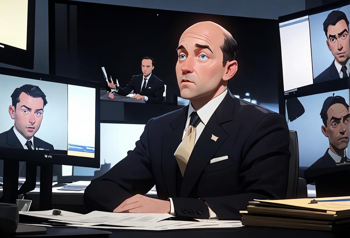 A national security reporter working in a bustling newsroom, wearing a formal suit, surrounded by computer screens showing breaking news headlines..