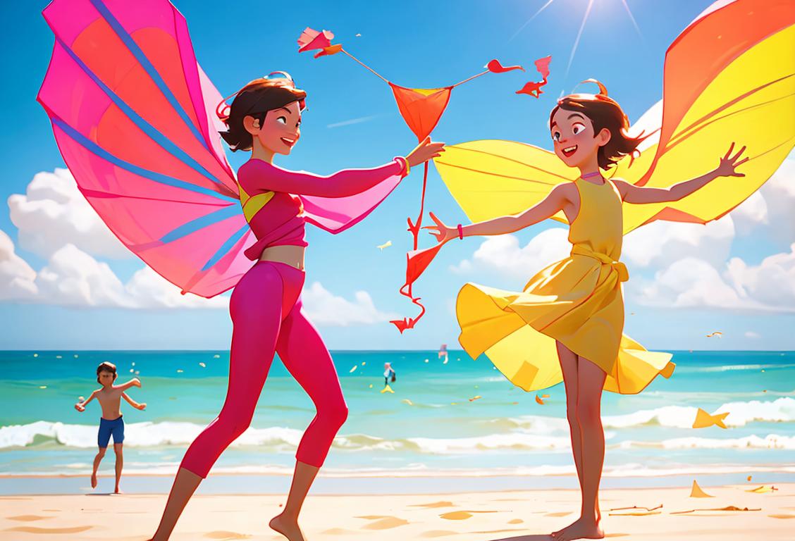 Joyful duo of young friends in vibrant colored outfits, embracing while standing on a sunny beach, surrounded by lively beachgoers and flying kites..