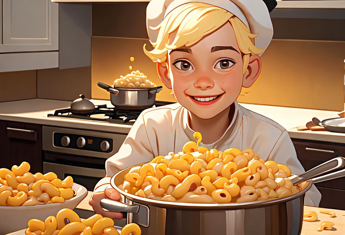 A smiling child, wearing a chef hat, stirring macaroni in a pot of bubbling cheese sauce in a cozy kitchen..
